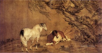  bajo Arte - Lang brillando 2 caballos bajo la sombra de un sauce tinta china antigua Giuseppe Castiglione